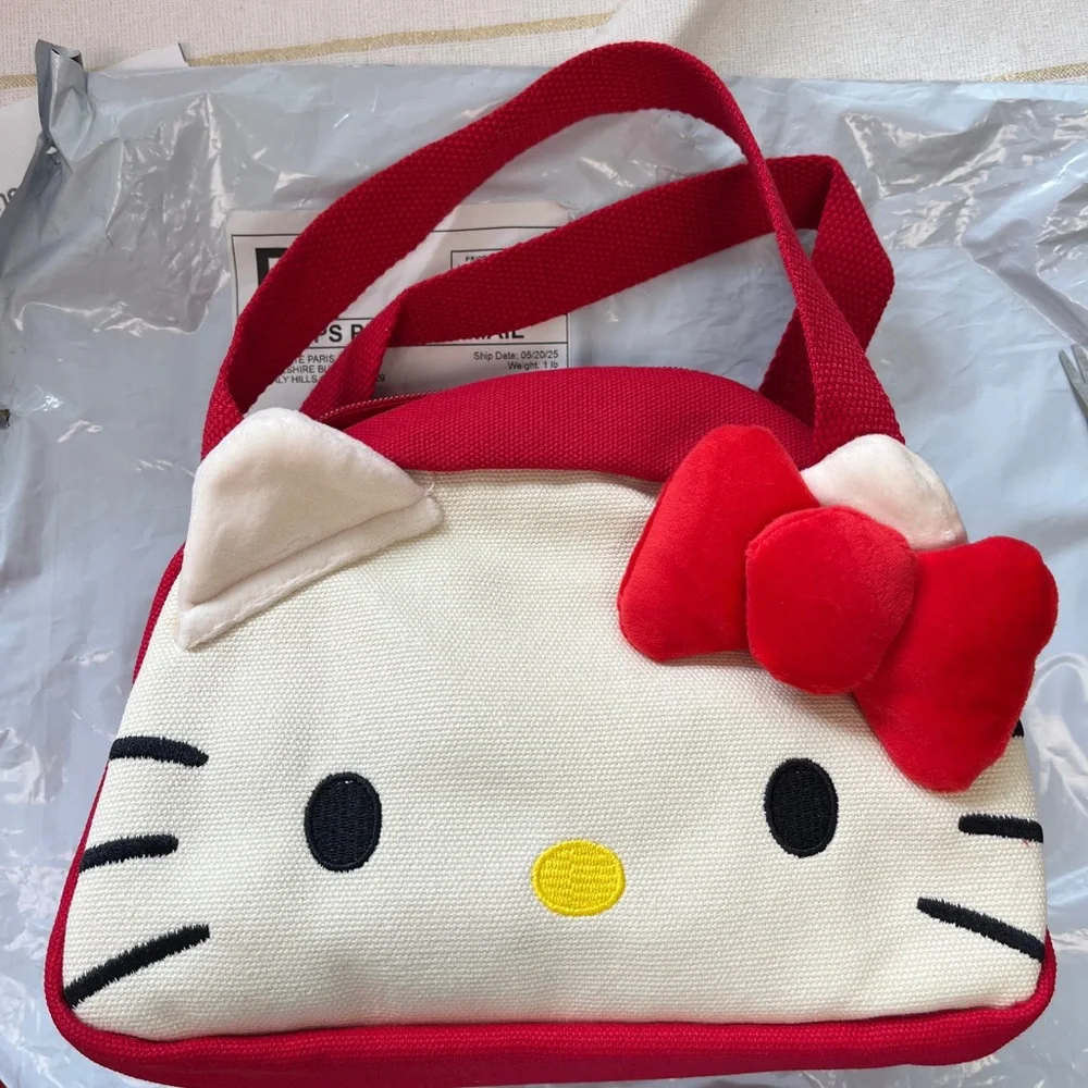 Hello Kitty Red and White Canvas Bag with plush Bow, zipper pull pearl bead, NIP